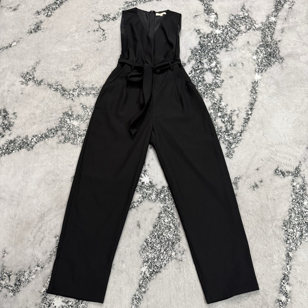 Hidden Label Jumpsuit Womens S Black Wide Leg Sleeveless Belted V Neck Tie Waist